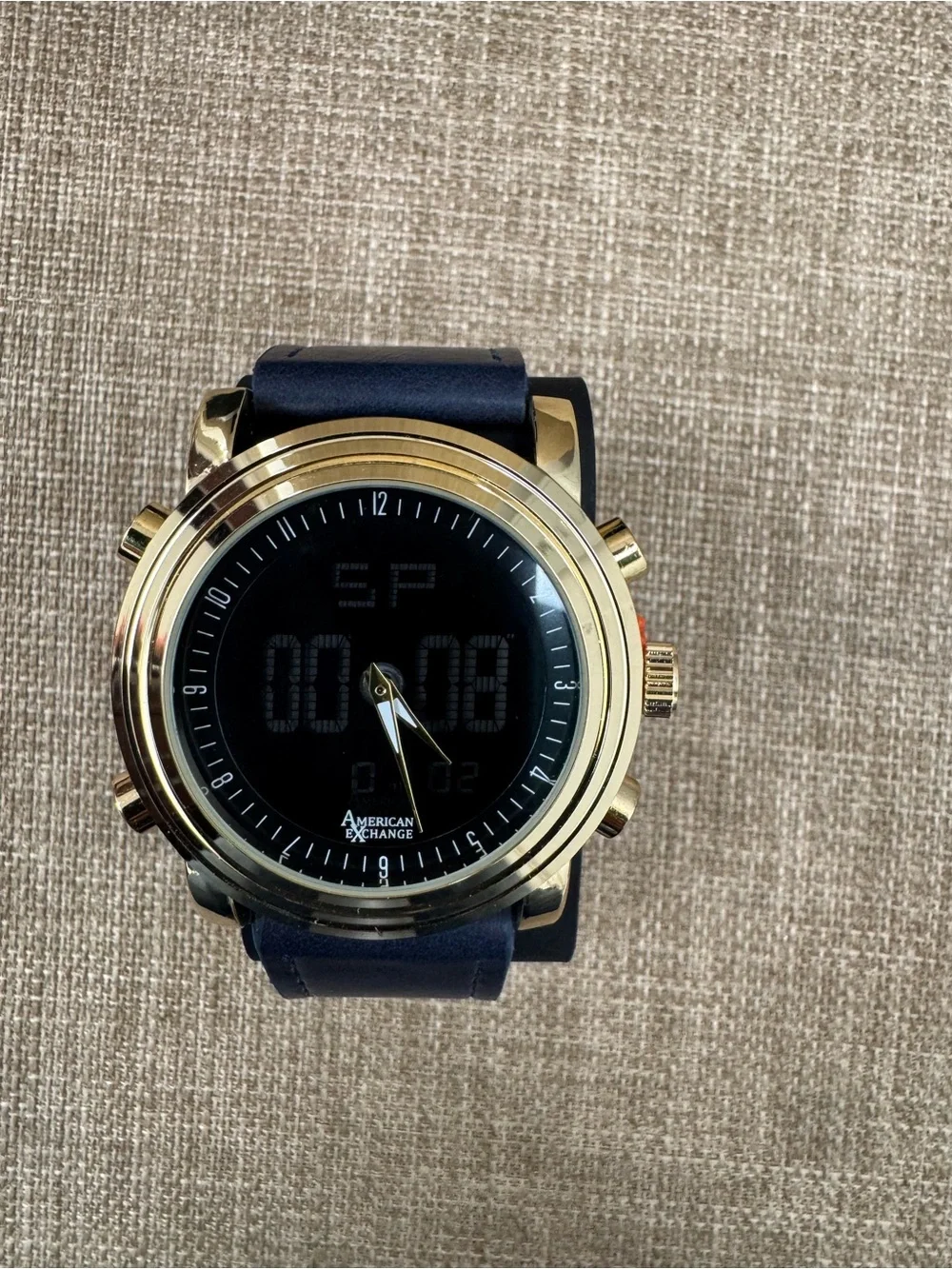 American Exchange Men’s Quartz Analog-Digital Watch Blue Leather Strap Gold Box
